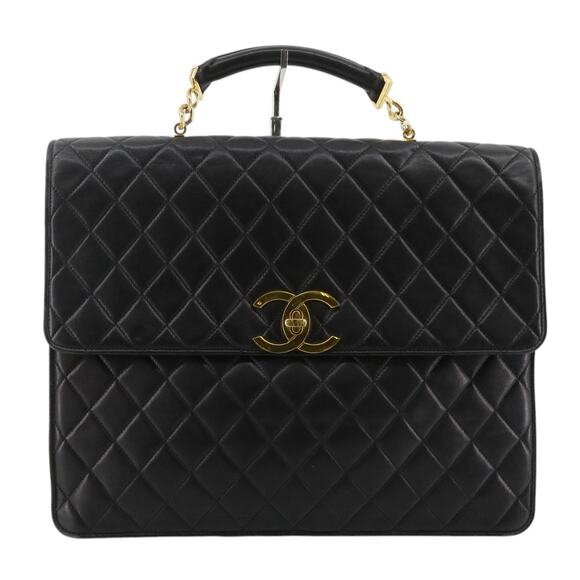 CHANEL Handbags - Chanel Vintage Briefcase Bag XL Lambskin Quilted Leather CC Tote Black/Gold 24K
